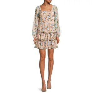 Madden NYC Beige & Blue Floral Long Sleeve Tiered Mini Dress XXL